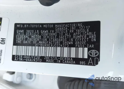 2018 Toyota Corolla Se из США, поврежденный, VIN 2T1BURHE8JC034373